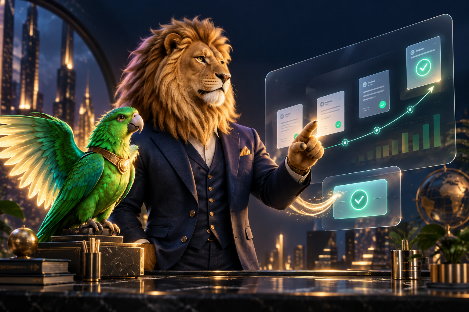 Golden lion entrepreneur with a green angel parrot beside a cashflow dashboard