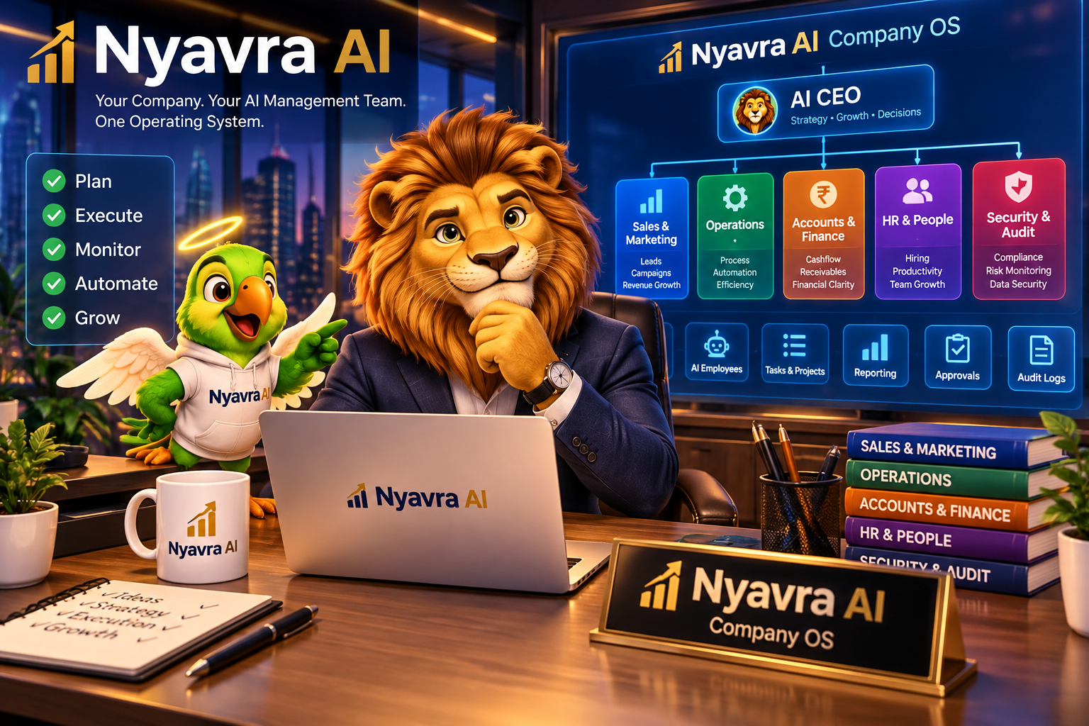 3D lion entrepreneur and angel parrot with an AI management hierarchy
